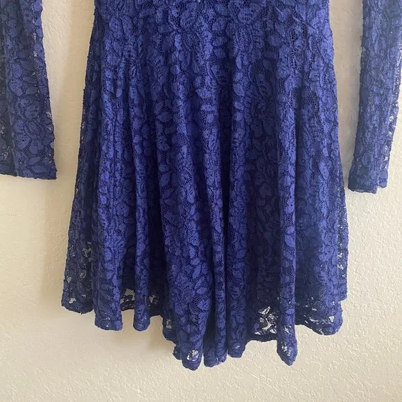 H&M Womens Mini Dress Lace Long Sleeve Floral Size 4 Spring Cobalt Blue Feminine - Picture 3 of 11